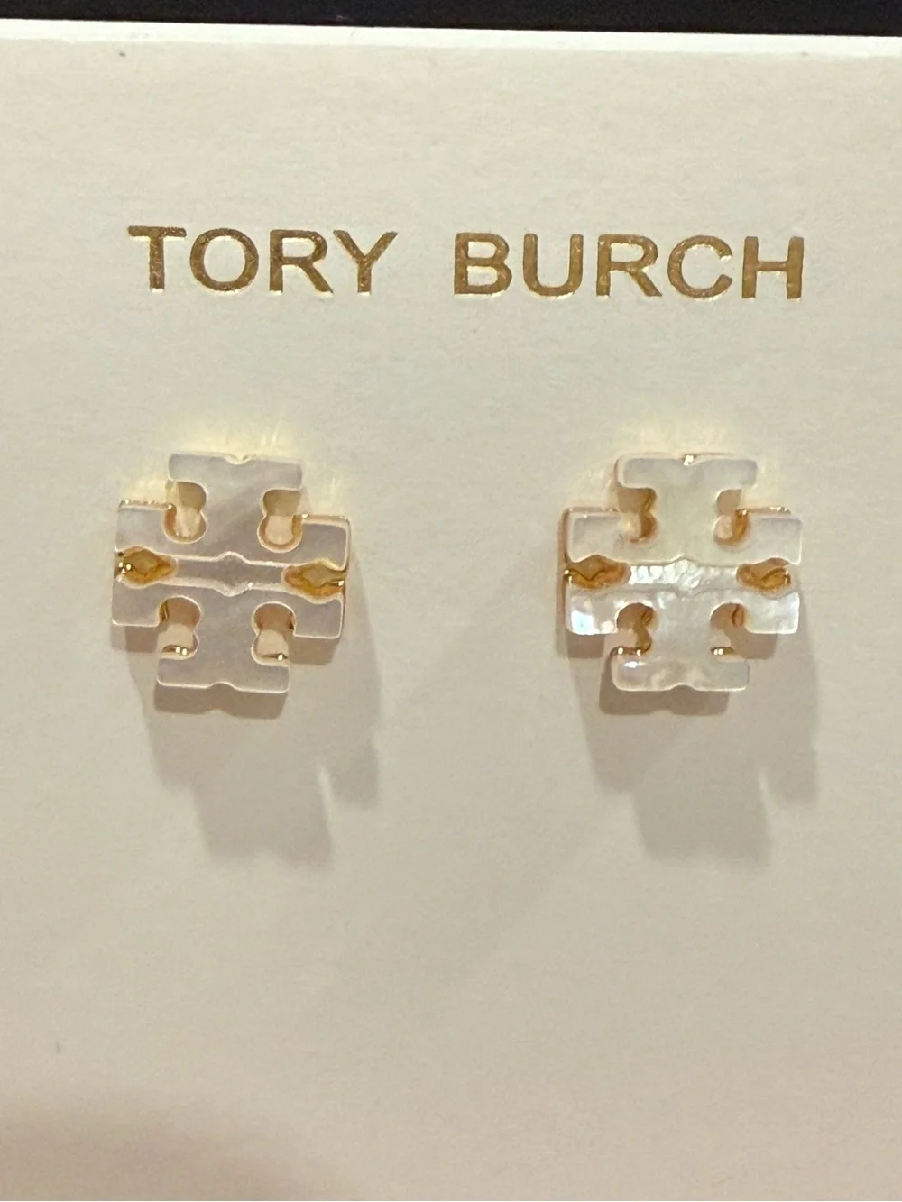 Tory Burch | Gold Plated & Mother of Pearl Logo Stud Earrings | Small
